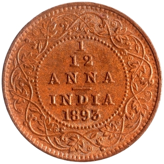 Copper One Twelfth Anna Coin of Victoria Empress of Calcutta Mint of 1893.