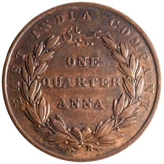 Copper One Quarter Anna Coin of East India Company of Bombay Mint of 1835.