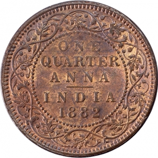 Copper One Quarter Anna Coin of Victoria Empress of Calcutta Mint of 1882.