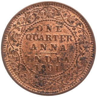 Copper One Quarter Anna Coin of  Victoria Empress of Calcutta Mint of 1891.