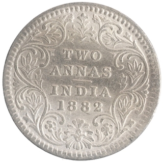 Silver Two Annas Coin of Victoria Empress of Calcutta Mint of 1882.