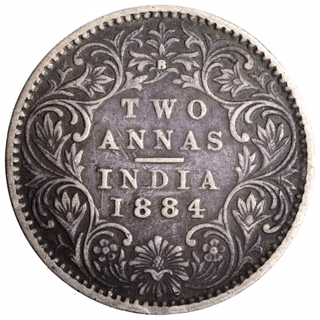 Silver Two Annas Coin of Victoria Empress of Bombay Mint of 1884.