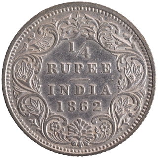 Silver Quarter Rupee Coin of Victoria Queen of Calcutta Mint of 1862.