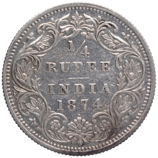 Silver Quarter Rupee Coin of Victoria Queen of Bombay Mint of 1874.