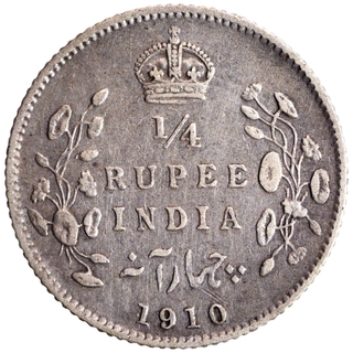 Silver Quarter Rupee Coin of King Edward VII of Calcutta Mint of 1910.