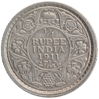 Silver Quarter Rupee Coin of King George V of Calcutta Mint of 1911.