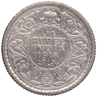 Silver Quarter Rupee Coin of King George V of Calcutta Mint of 1918.