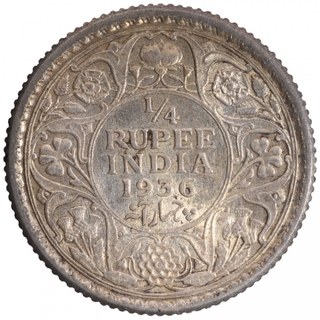 Silver Quarter Rupee Coin of King George V of Calcutta Mint of 1936.