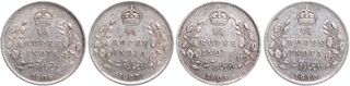 Silver Quarter Rupee Coins of King Edward VII of Calcutta Mint of 1906, 1907, 1908 and 1910.