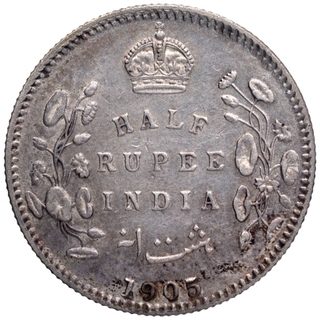 Silver Half Rupee Coin of King Edward VII of Calcutta Mint of 1905.