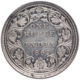 Silver One Rupee Coin of Victoria Queen of Bombay Mint of 1862.