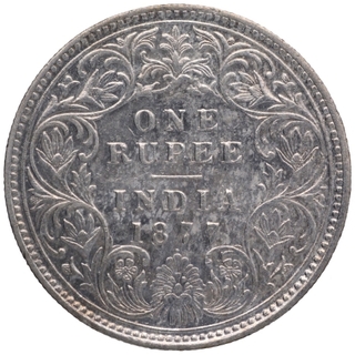 Silver One Rupee Coin of Victoria Empress of Bombay Mint of 1877.