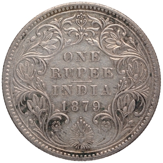 Silver One Rupee Coin of Victoria Empress of Bombay Mint of 1879.