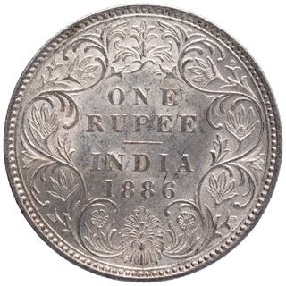 Silver One Rupee Coin of Victoria Empress of Bombay Mint of 1886.