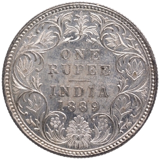 Silver One Rupee Coin of Victoria Empress of Bombay Mint of 1889.