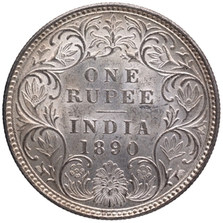 Silver One Rupee Coin of Victoria Empress of Bombay Mint of 1890.