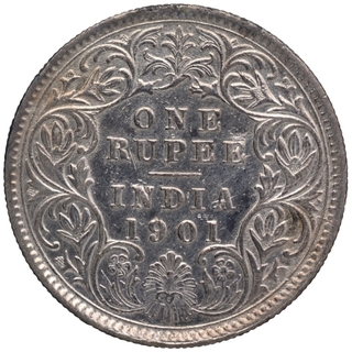 Silver One Rupee Coin of Victoria Empress of Calcutta Mint of 1901.