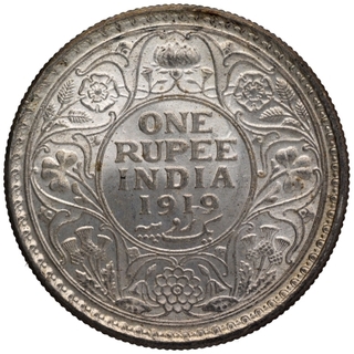 Silver One Rupee Coin of King George V of Calcutta Mint of 1919.