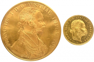 Gold Ducat and Four Ducats Coins of Francis Joseph I of Austria.