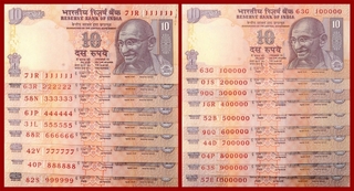 Fancy Numbers Ten Rupees Bank Notes Signed By D.Subbarao.