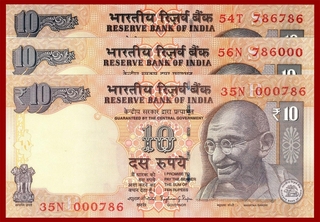 Fancy Numbers Ten Rupees Bank Notes Signed By D,Subbarao and Raghuram G Rajan.