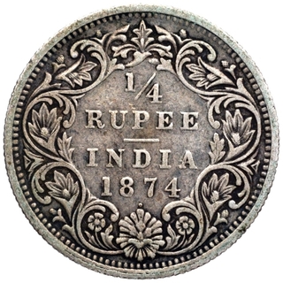 Silver Quarter Rupee Coin of Victoria Queen of Bombay Mint of 1874.