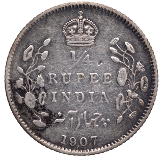 Silver Quarter Rupee Coin of KIng Edward VII of Calcutta Mint of 1907.