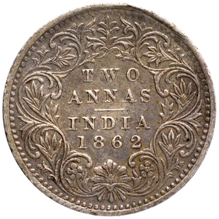 Silver Two Annas Coin of Victoria Queen of Bombay Mint of 1862.