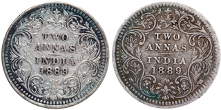 Silver Two Annas Coins of Victoria Empress of Calcutta and Bombay Mint of 1889.