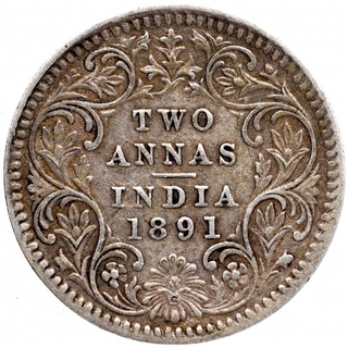 Silver Two Annas Coin of Victoria Empress of Calcutta Mint of 1891.