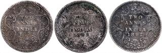 Silver Two Annas Coins of Victoria Empress of Calcutta and Bombay Mint of 1892.