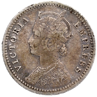 Silver Quarter Rupee Coin of Victoria Empress of Calcutta Mint of 1896.