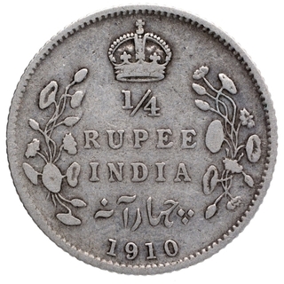 Silver Quarter Rupee Coin of King Edward VII of Calcutta Mint of 1910.