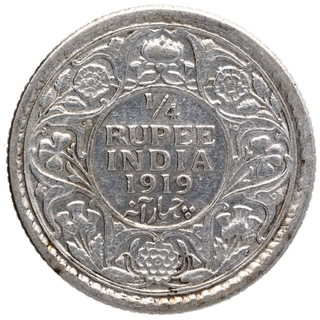 Silver Quarter Rupee Coin of King George V of Calcutta Mint of 1919.