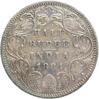 Silver Half Rupee Coin of Victoria Empress of Bombay Mint of 1884.