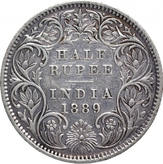 Silver Half Rupee Coin of Victoria Empress of Calcutta Mint of 1889.