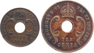 Copper Five Cents and Ten Cents Coin of East Africa.