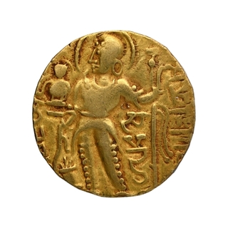 Gold Dinar Coin of Samudragupta of Gupta Dynasty of of Scepter  type.