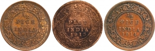 Bronze Half Pice Coins of King George V of Calcutta Mint of 1912, 1913 and 1914.