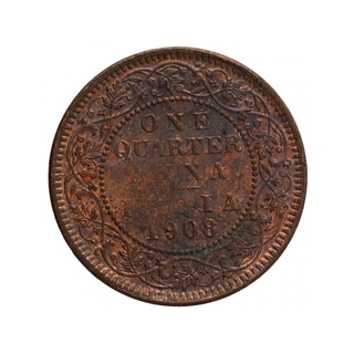 Bronze One Quarter Anna Coin of King Edward VII of Calcutta Mint of 1908.