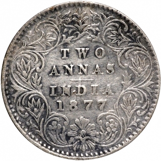 Silver Two Annas Coin of Victoria Empress of Calcutta Mint of 1877.