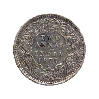 Silver Two Annas Coin of Victoria Empress of Bombay Mint of 1877.