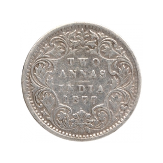 Silver Two Annas Coin of Victoria Empress of Bombay Mint of 1877.