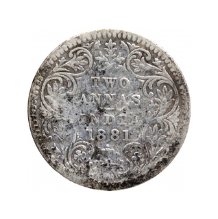 Silver Two Annas Coin of Victoria Empress of Bombay Mint of 1881.