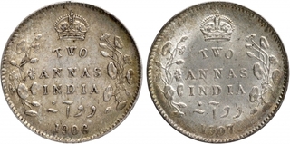 Silver Two Annas Coin of King Edward VII of Calcutta Mint of 1906 and 1907.