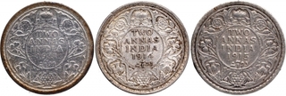 Silver Two Annas Coins of King George V of Calcutta and Bombay Mint of 1911, 1914 and 1915.