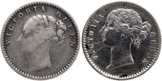 Silver Quarter Rupee Coins of Victoria Queen of Calcutta and Madras Mint of 1840.