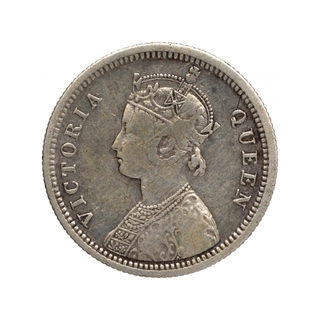 Silver Quarter Rupee Coin of Victoria Queen of Bombay Mint of 1875.