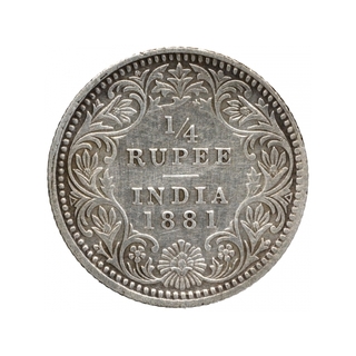 Silver Quarter Rupee Coin of Victoria Empress of Calcutta Mint of 1881.