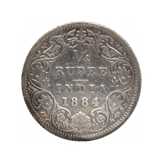 Silver Quarter Rupee Coin of Victoria Empress of Bombay Mint of 1884.